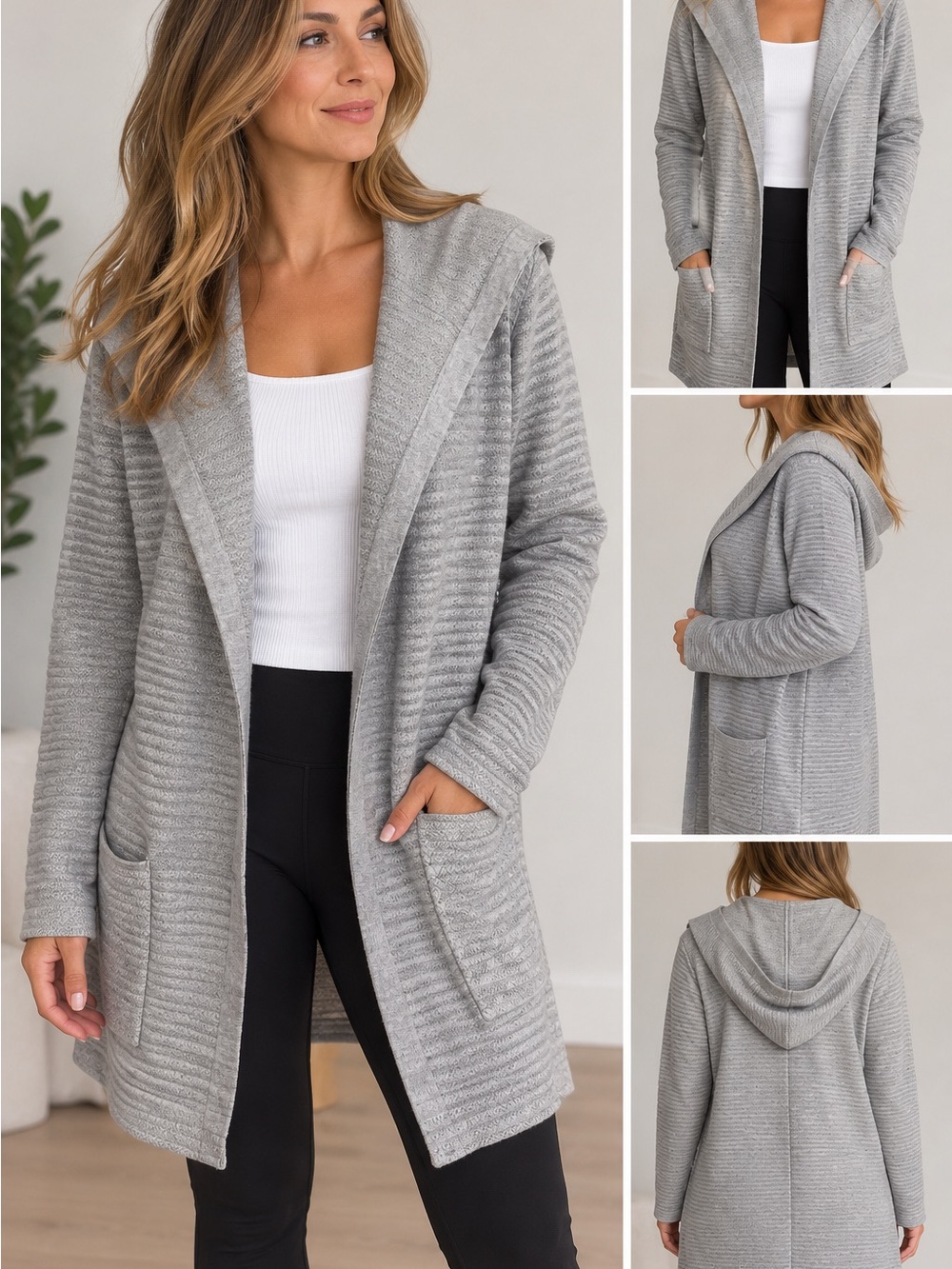 Contemporaine Simons Grey Hooded Open Front Knit Cardigan